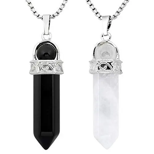 Produktbild: KYEYGWO 2 Stück Heilstein Punkt Anhänger Halskette für Damen und Herren, Hexagon Versilbertes Reiki Chakra Poliertes Steinpendel für Unisex, Schwarzer Achat & Bergkristall