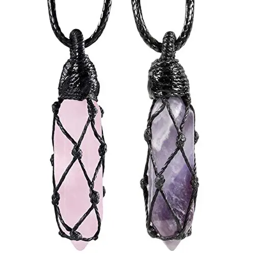Produktbild: KYEYGWO 2 Stück Heilstein Punkt Anhänger Halskette für Damen und Herren, Kristall Sechseckiger Ketten Stein Paar-Anhänger Chakra Pendel Hexagon Schmuck, Amethyst & Rosenquarz