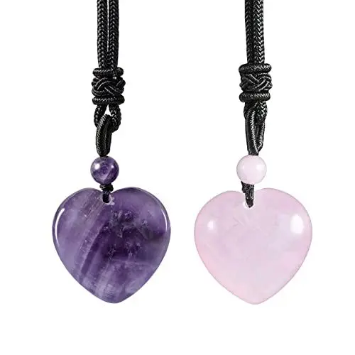 Produktbild: KYEYGWO 2 Stück Kristall Herz Anhänger für Damen und Herren, Reiki Heilung Stein Halskette Paar-Anhänger Herzform Edelstein Ketten Liebe Amulett Segen Schmuck, Rosenquarz & Amethyst