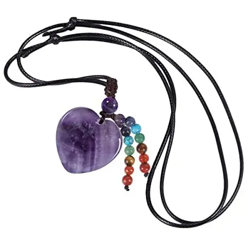 Produktbild: KYEYGWO 7 Chakren Krstall Herz Anhänger für Damen und Herren, Amethyst Herzform Edelstein Halskette Heilstein Ketten Liebe Amulett Segen Schmuck Glücksbringer