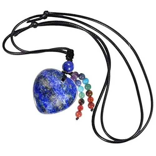 Produktbild: KYEYGWO 7 Chakren Krstall Herz Anhänger für Damen und Herren, Lapislazuli Herzform Edelstein Halskette Heilstein Ketten Liebe Amulett Segen Schmuck Glücksbringer