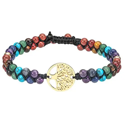 Produktbild: KYEYGWO 7 Chakren Stein Perlenarmband für Damen und Herren, Verstellbare Doppelt Geflochtenes Armbänder Kristall Baum des Lebens Armband Yoga-Armband Edelstein Schmuck