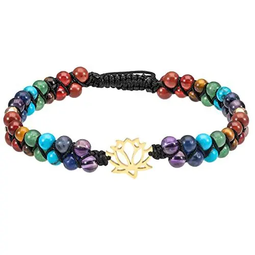 Produktbild: KYEYGWO 7 Chakren Stein Perlenarmband für Damen und Herren, Verstellbare Doppelt Geflochtenes Armbänder Kristall Blume des Lebens Armband Yoga-Armband Edelstein Schmuck