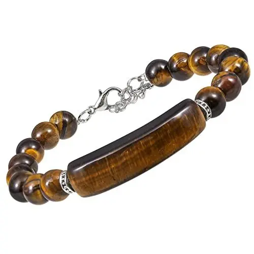 Produktbild: KYEYGWO 8 mm Tigerauge Kristall Perlen Armband für Damen, Einstellbare Stein Armbänder Frauen Link-Armband mit Rechteckig Heilstein, Chakra-Armband Glück Schmuck für Reiki Heilung, Meditation, Yoga