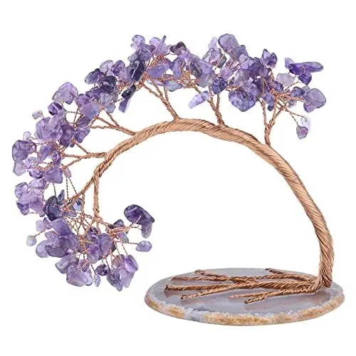 Produktbild: KYEYGWO Amethyst Heilung Edelstein Baum mit Achat Scheiben Base, Kristall Geldbaum Feng Shui Bonsai Baum Figuren Ornament, Kristallbaum Haus Decor für Glück und Gesundheit, 11,4-13,2 cm Hoch