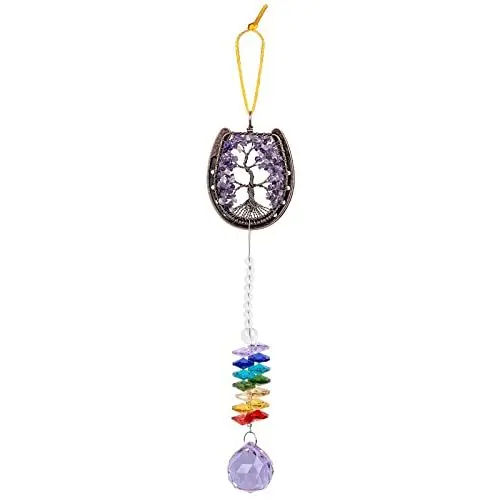 Produktbild: KYEYGWO Amethyst Hufeisen Regenbogen Sonnenfänger mit Edelstein Baum des Lebens Hängen Deko, Stein Wand Hängende Ornament Handgemacht Kristall Hängedeko Fenster Dekoration