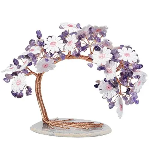 Produktbild: KYEYGWO Amethyst Spitze Blume Kristall Geldbaum auf Achat Scheiben Base, Traditioneller Stickerei Steinbaum Feng Shui Bonsai Baum Figuren Ornament Haus Deko für Glück, Reichtum
