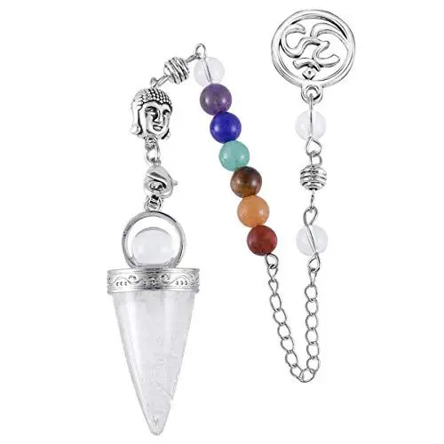 Produktbild: KYEYGWO Bergkristall Reiki Heilung Kristall Pendel mit Buddha und 7 Chakren Stein Kette, Edelstein Punkt Anhänger Kegel Heilstein-Pendel für Divination Meditation Scrying Balance