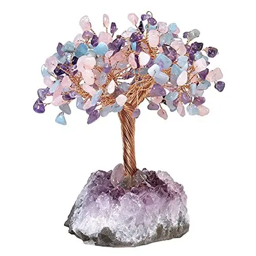 Produktbild: KYEYGWO Bunt Reiki Heilung Kristallbaum auf Natürlichen Amethyst Drusensegment Rohstück Base, Stein Geldbaum Feng Shui Bonsai Baum Figuren Ornament Haus Deko für Glück, Reichtum