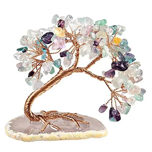 Produktbild: KYEYGWO Fluorite Heilung Edelstein Baum mit Achat Scheiben Base, Kristall Geldbaum Feng Shui Bonsai Baum Figuren Ornament, Kristallbaum Haus Decor für Glück und Gesundheit, 7,6-10,2 cm Hoch