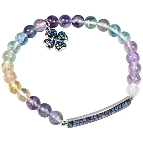 Produktbild: KYEYGWO Fluorite Kleeblatt Kristall Armband für Damen und Herren, 6 mm Stretch Perlenarmband Glücksbringer Stein Armbänder Abalone Muschel Schmuck für Reiki Heilung Yoga, Meditation
