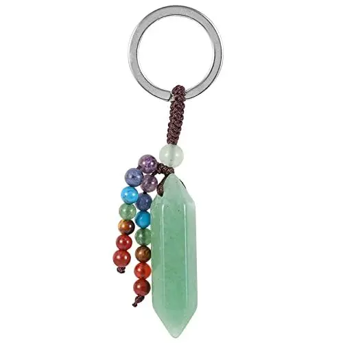 Produktbild: KYEYGWO Grüner Aventurin Heilstein Punkt Schlüsselanhänger für Damen und Herren, 7 Chakra Kristall Sechseckiger Schlüsselring Deko Reiki Pendel Taschenanhänger Edelstein Hexagon Anhänger