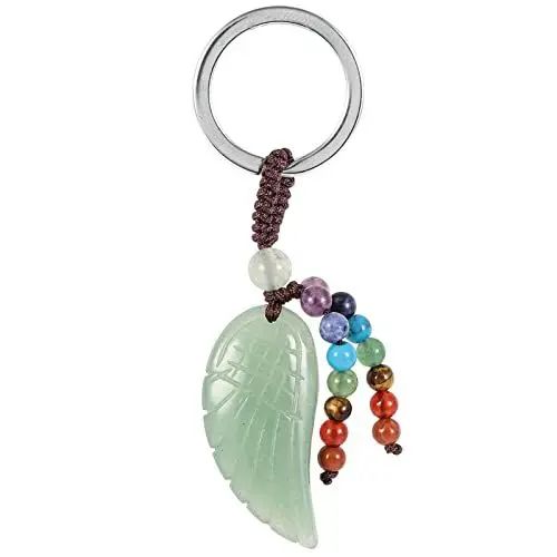 Produktbild: KYEYGWO Grüner Aventurin Heilung Kristall Engelsflügel Schlüsselanhänger für Unisex, 7 Chakra Stein Schlüsselring Deko Heilstein Flügel Taschenanhänger Glücksbringer Anhänger für Schlüsselband