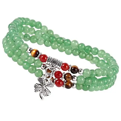 Produktbild: KYEYGWO Grüner Aventurin Kleeblatt Kristall Perlen Armband für Unisex, Buddhistischer Halsketten Chakra Armbänder Edelstein Wickelarmband Glücksbringer Perlenketten Segen Schmuck