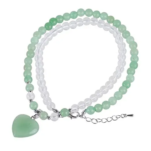 Produktbild: KYEYGWO Grüner Aventurin Kristall Perlen Armband für Damen, Herz Stein Anhänger Herzform Edelstein Halsketten Chakra Armbänder Liebe Perlenketten Heilstein Wickelarmband Zweifarbig Segen Schmuck