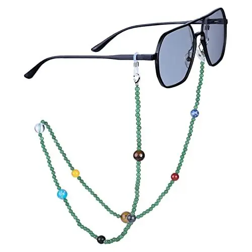 Produktbild: KYEYGWO Grüner Aventurin Kristall Perlen Brillenkette für Damen und Herren, Neun Planeten Brillenband Stein Brillenkordel Edelstein Kette Brillenschnur für Myopiebrille, Sonnenbrillen, Lesebrillen