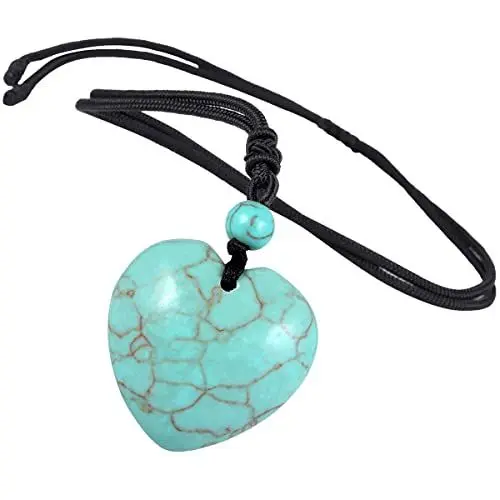 Produktbild: KYEYGWO Grüner Howlith Türkis Kristall Herz Anhänger für Damen und Herren, Reiki Heilung Stein Halskette Herzform Edelstein Ketten Liebe Amulett Segen Schmuck mit Einstellbare Nylon Seil