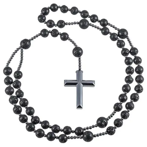 Produktbild: KYEYGWO Hämatit Kreuz Halskette Kristall Stein Anhänger für Damen und Herren, Religiöses Gebet Perlenkette Katholische Schmuck Edelstein Perlenkette, Lavastein