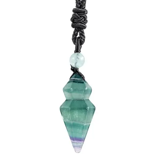 Produktbild: KYEYGWO Heilstein Kristall Double Tapered Anhänger Halskette mit verstellbarem Seil, Glücks Amulett Schmuck, Reiki Pendel Kette für Damen und Herren, Fluorit
