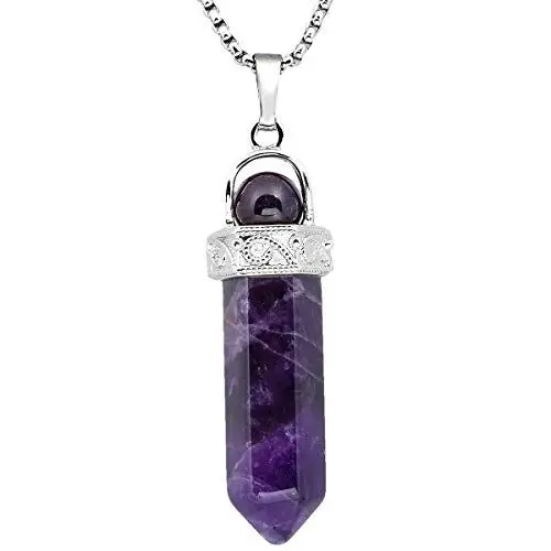 Produktbild: KYEYGWO Heilstein Punkt Anhänger Halskette für Damen und Herren, Hexagon Versilbertes Reiki Chakra Poliertes Steinpendel für Unisex, Amethyst Perlen mit Hexagon