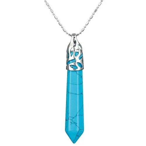Produktbild: KYEYGWO Heilstein Punkt Anhänger Halskette für Damen und Herren, Hexagon Versilbertes Reiki Chakra Poliertes Steinpendel für Unisex, Blauer Howlith Türkis Blumenbügel
