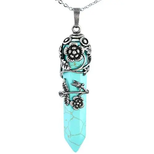 Produktbild: KYEYGWO Heilstein Punkt Anhänger Halskette für Damen und Herren, Hexagon Versilbertes Reiki Chakra Poliertes Steinpendel für Unisex, Grün Howlite Türkis Silber Floral