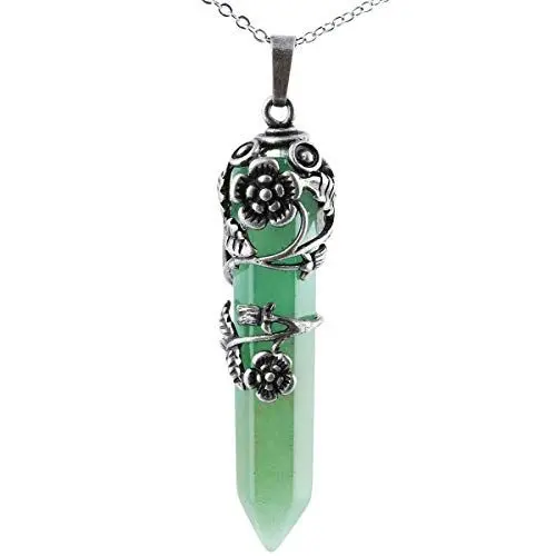 Produktbild: KYEYGWO Heilstein Punkt Anhänger Halskette für Damen und Herren, Hexagon Versilbertes Reiki Chakra Poliertes Steinpendel für Unisex, Grünes Aventurin Silber Floral