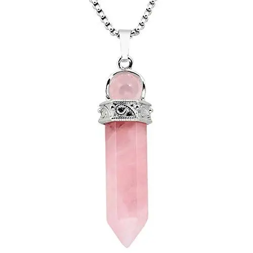 Produktbild: KYEYGWO Heilstein Punkt Anhänger Halskette für Damen und Herren, Hexagon Versilbertes Reiki Chakra Poliertes Steinpendel für Unisex, Rosenquarz Perlen mit Hexagon