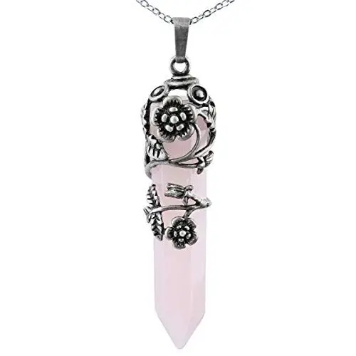 Produktbild: KYEYGWO Heilstein Punkt Anhänger Halskette für Damen und Herren, Hexagon Versilbertes Reiki Chakra Poliertes Steinpendel für Unisex, Rosenquarz Silber Floral