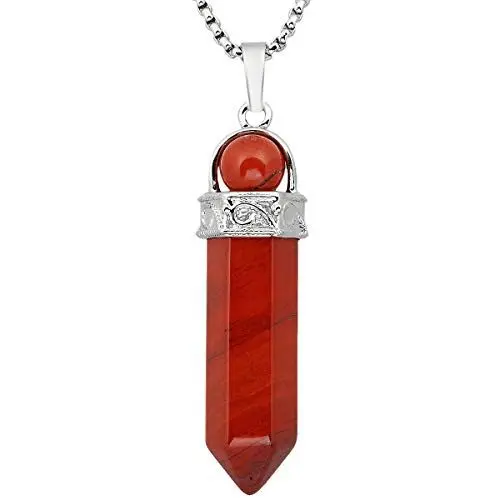 Produktbild: KYEYGWO Heilstein Punkt Anhänger Halskette für Damen und Herren, Hexagon Versilbertes Reiki Chakra Poliertes Steinpendel für Unisex, Roter Jaspis Perlen mit Hexagon