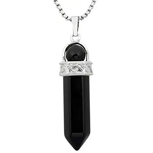 Produktbild: KYEYGWO Heilstein Punkt Anhänger Halskette für Damen und Herren, Hexagon Versilbertes Reiki Chakra Poliertes Steinpendel für Unisex, Schwarzer Achat Perlen mit Hexagon