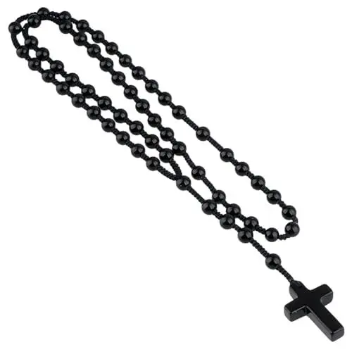 Produktbild: KYEYGWO Kristall Kreuz Anhänger für Damen und Herren, Schwarzer Achat Religiöses Gebet Halsketten Edelstein Perlenkette Katholische Schmuck Edelstein Kruzifix Ketten