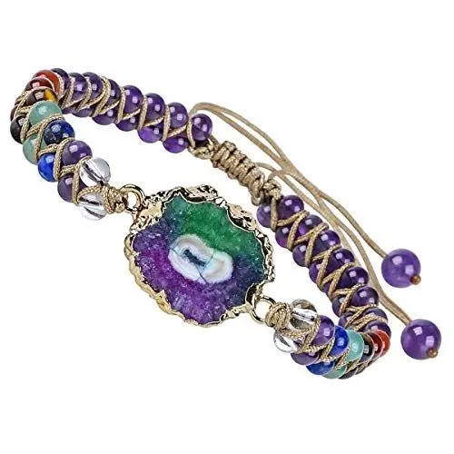 Produktbild: KYEYGWO Kristall Sonnenblume Perlenarmband für Damen und Herren, Einstellbare Doppelt Geflochtenes Armbänder 7 Chakra Stein Armband Yoga-Armband Edelstein Schmuck, Amethyst