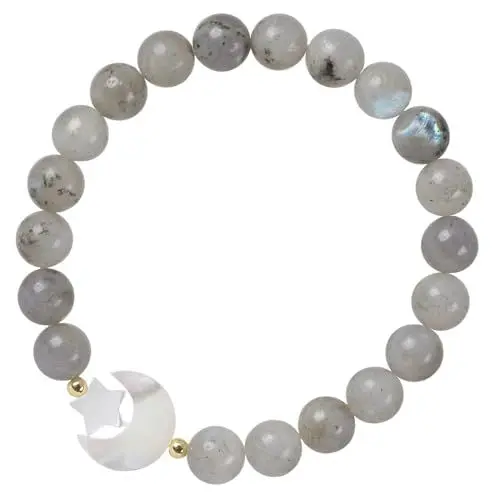 Produktbild: KYEYGWO Labradorit Natürliche Weiße Schale Stern Mondkristall Armband für Damen, Reiki Heilung Glück Schmuck Amulet Fashion Accessoire