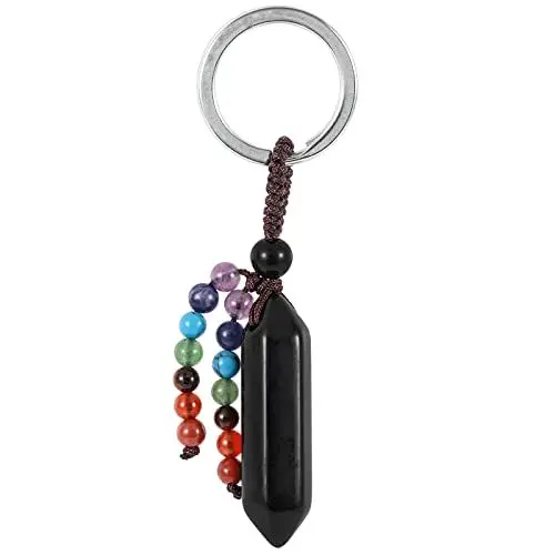 Produktbild: KYEYGWO Obsidian Heilstein Punkt Schlüsselanhänger für Damen und Herren, 7 Chakra Kristall Sechseckiger Schlüsselring Deko Reiki Pendel Taschenanhänger Edelstein Hexagon Anhänger