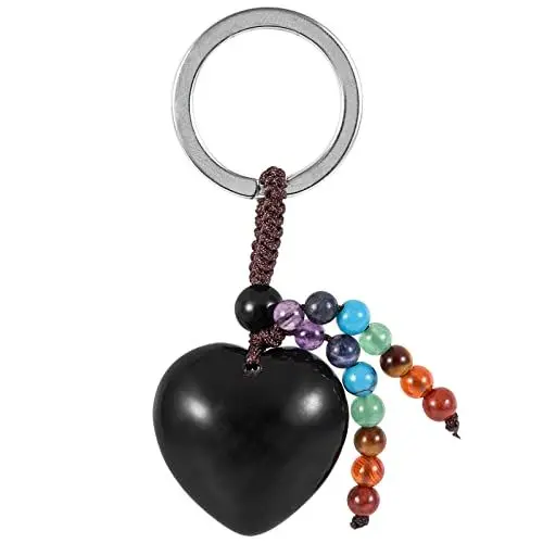 Produktbild: KYEYGWO Obsidian Kristall Herz Schlüsselanhänger für Unisex, 7 Chakra Stein Schlüsselring Deko Herzform Edelstein Taschenanhänger Leibe Anhänger für Schlüsselband Schlüsselbund Schlüsselkette