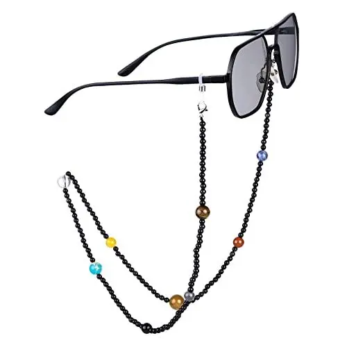 Produktbild: KYEYGWO Obsidian Kristall Perlen Brillenkette für Damen und Herren, Neun Planeten Brillenband Stein Brillenkordel Edelstein Kette Brillenschnur für Myopiebrille, Sonnenbrillen, Lesebrillen
