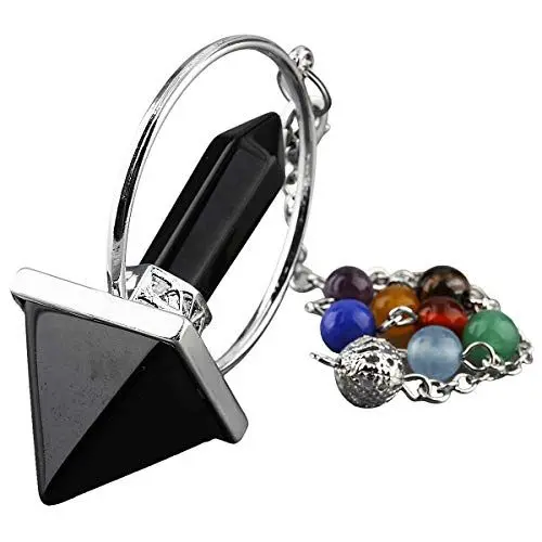 Produktbild: KYEYGWO Obsidian Positive Energie Pyramiden Pendel, Kristall Punkt Anhänger 7 Chakren Hexagonal Stein Pendels für Divination Meditation Scrying Balance Reiki Heilung