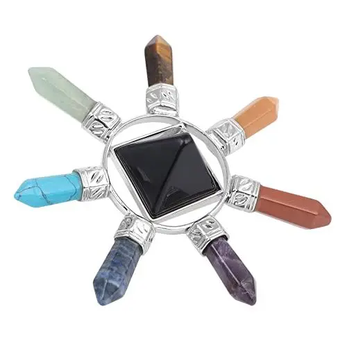 Produktbild: KYEYGWO Obsidian Reiki Heilung Kristall Pyramide mit 7 Chakren Kristall Punkt, Energie Pyramiden Hexagonal Quarz Kristallpyramide Heilstein Ornament für Haus Decor, Chakra Balancing und Meditation