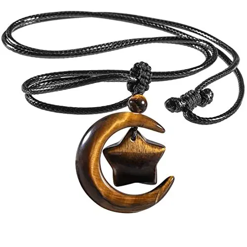 Produktbild: KYEYGWO Obsidian Unisex Kristall Mond Anhänger mit Einstellbar Wachsseil, Stein Stern Halsketten Edelstein Amulett Heilstein Halbmond Glücksbringer Crescent Schmuck