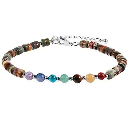 Produktbild: KYEYGWO Picasso Jasper 7 Chakren Stein Perlenarmband für Damen, Verstellbares Kristall Armband Flache Perlen Armbänder Yoga-Armband Edelstein Schmuck für Meditation Energietherapie