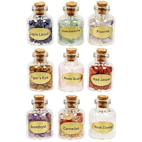 Produktbild: KYEYGWO Reiki Wicca Stein Wunschflasche Set, 9 Stück Mini Kristall Glasflaschen mit Trommelstein, Edelstein Wünschen Flaschen für Decoration Glücksbringer Amulett