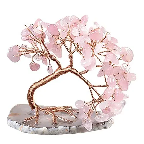 Produktbild: KYEYGWO Rosenquarz Heilung Edelstein Baum mit Achat Scheiben Base, Kristall Geldbaum Feng Shui Bonsai Baum Figuren Ornament, Kristallbaum Haus Decor für Glück und Gesundheit, 7,6-10,2 cm Hoch