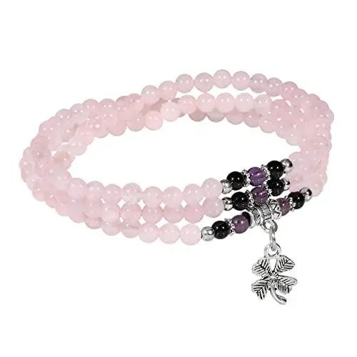 Produktbild: KYEYGWO Rosenquarz Kleeblatt Kristall Perlen Armband für Unisex, Buddhistischer Halsketten Chakra Armbänder Edelstein Wickelarmband Glücksbringer Perlenketten Segen Schmuck