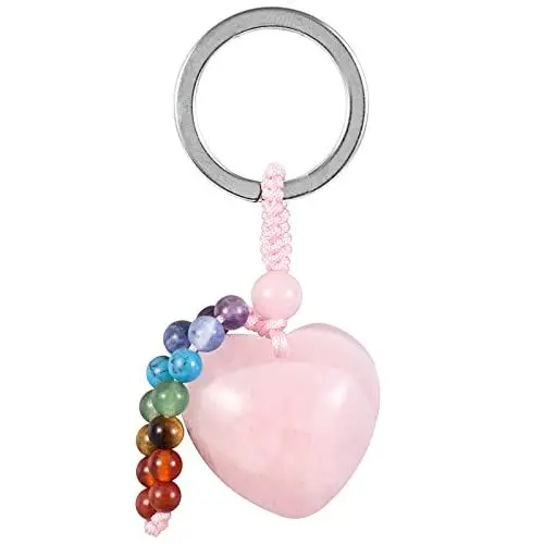 Produktbild: KYEYGWO Rosenquarz Kristall Herz Schlüsselanhänger für Unisex, 7 Chakra Stein Schlüsselring Deko Herzform Edelstein Taschenanhänger Leibe Anhänger für Schlüsselband Schlüsselbund Schlüsselkette