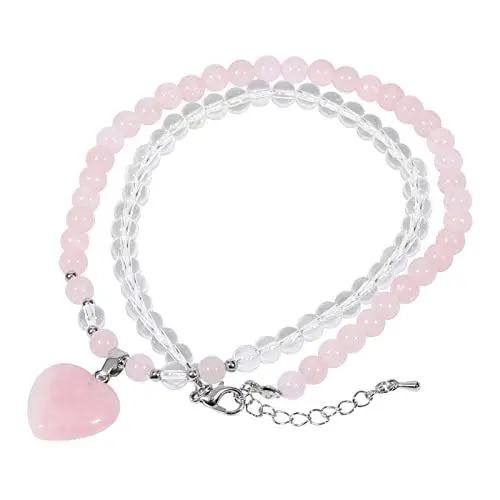 Produktbild: KYEYGWO Rosenquarz Kristall Perlen Armband für Damen, Herz Stein Anhänger Herzform Edelstein Halsketten Chakra Armbänder Liebe Perlenketten Heilstein Wickelarmband Zweifarbig Segen Schmuck