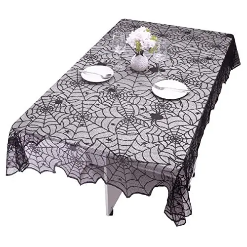 Produktbild: KYEYGWO Schwarz Spitze Tischdecke mit Gotisches Spinnennetz Muster, Halloween Tischwäsche Rechteck Tischtuch Spinne Tischdeko für Party Allerheiligen Decor 180 x 135 cm