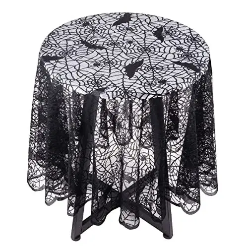 Produktbild: KYEYGWO Schwarz Spitze Tischdecke mit Gotisches Spinnennetz Muster, Halloween Tischwäsche Round Tischtuch Spinne und Fledermaus Tischdeko für Party Allerheiligen Decor 175 cm