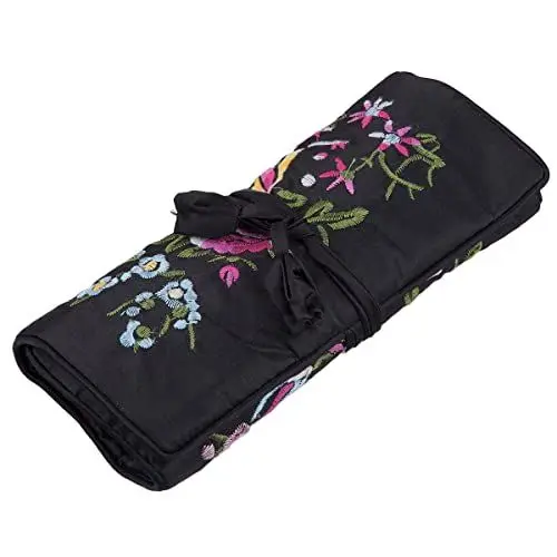 Produktbild: KYEYGWO Stickerei Reise Schmuckrolle mit Blumen und Vogel Stickerei, Chinesischer Schmuck Organizer Tragbare Rollenbeutel Schmucktasche für Halsketten Ring Armband Aufbewahrung, Schwarz
