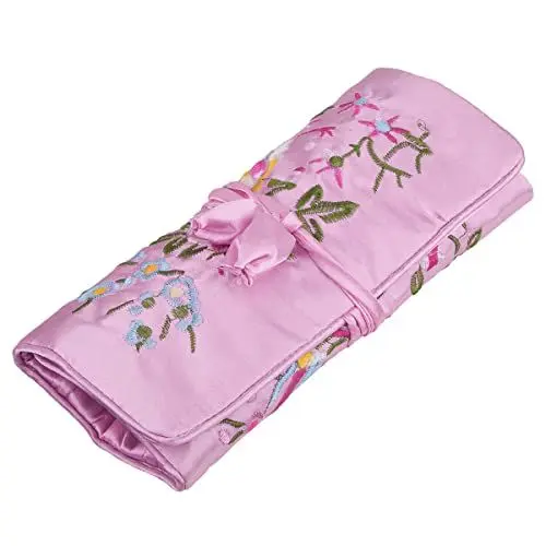Produktbild: KYEYGWO Stickerei Reise Schmuckrolle mit Blumen und Vogel Stickerei, Chinesischer Schmuck Organizer Tragbare Rollenbeutel Schmucktasche für Halsketten Ring Armband Aufbewahrung, Grau